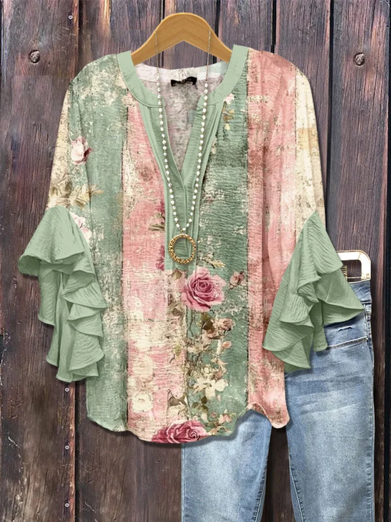 Women Floral Half Sleeve Shirt Summer Printing V Neck Daily Casual Top
