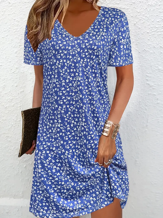 Women Floral Short Sleeve Summer Printing Dress V Neck Daily Casual Midi Fit & Flare Dress A-Line Dress