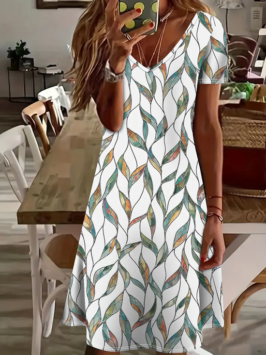 Women Floral Short Sleeve Summer Printing Dress V Neck Daily Casual Midi Fit & Flare Dress A-Line Dress