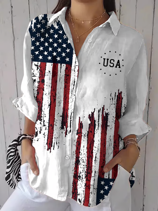 Women Independence Day (Flag) Three Quarter Sleeve Shirt Spring/Fall Printing Shirt Collar Daily Casual Top