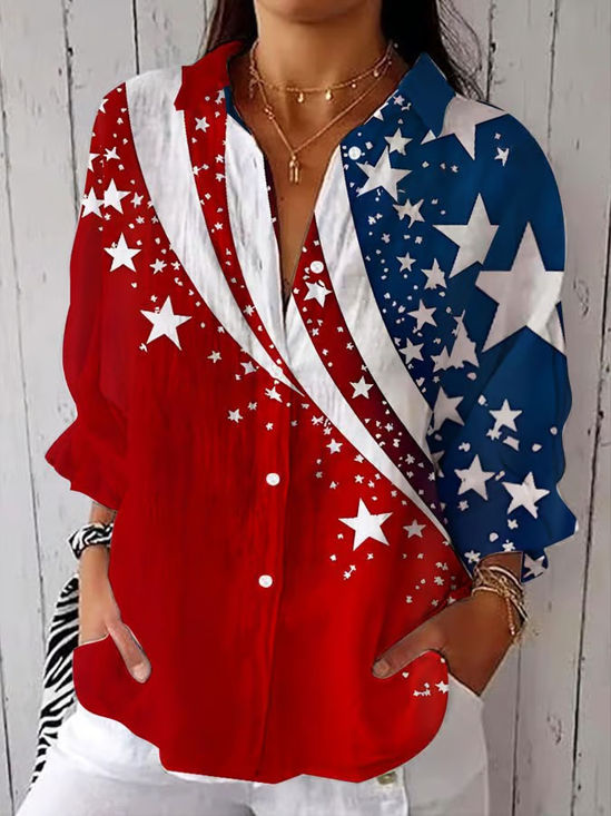 Women Independence Day (Flag) Three Quarter Sleeve Shirt Spring/Fall Printing Shirt Collar Daily Casual Top
