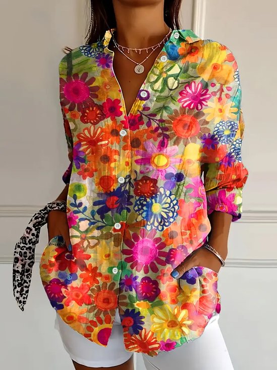 Women's Long Sleeve Shirt Spring/Fall Floral Buckle Shirt Collar Daily Going Out Casual Top