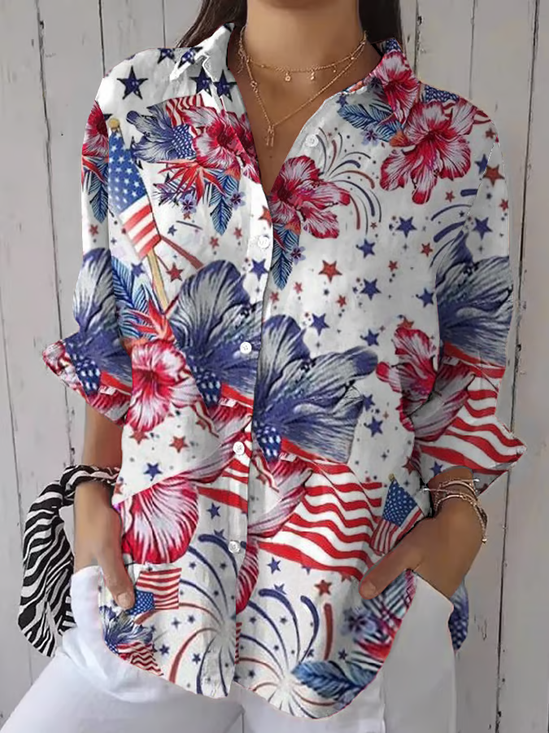 Women Floral Three Quarter Sleeve Shirt Spring/Fall Printing Shirt Collar Daily Casual Top