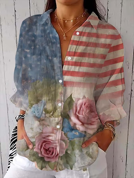 Women Floral Three Quarter Sleeve Shirt Spring/Fall Printing Shirt Collar Daily Casual Top