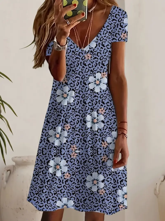 Women Floral Short Sleeve Summer Printing Dress V Neck Daily Casual Midi Fit & Flare Dress A-Line Dress