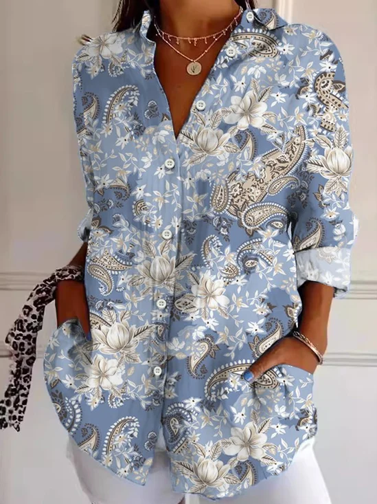 Women's Long Sleeve Shirt Spring/Fall Cashew Flowers Shirt Collar Daily Going Out Casual Top