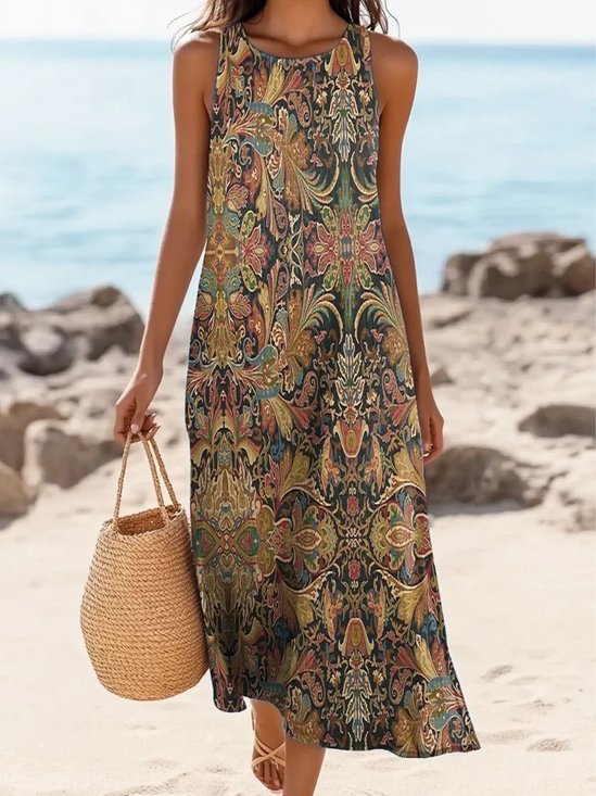 Women Floral Sleeveless Summer Dress Crew Neck Daily Casual Maxi A-Line Dress