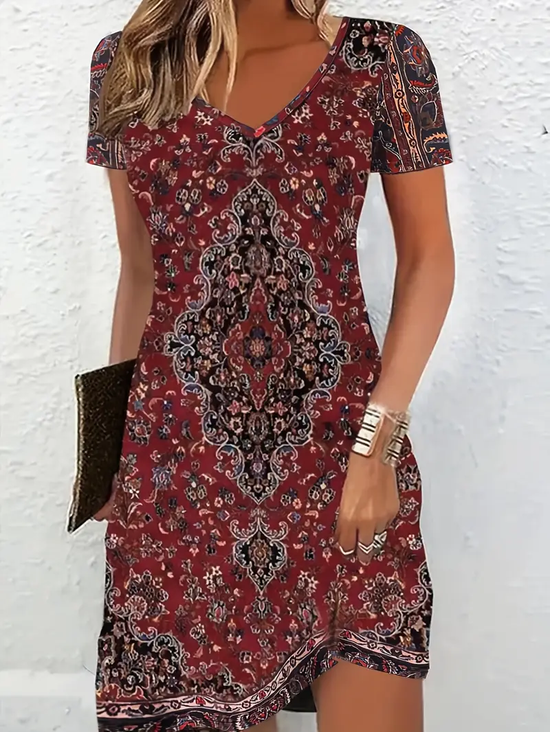 Women Floral Short Sleeve Summer Printing Dress V Neck Daily Casual Midi Fit & Flare Dress A-Line Dress