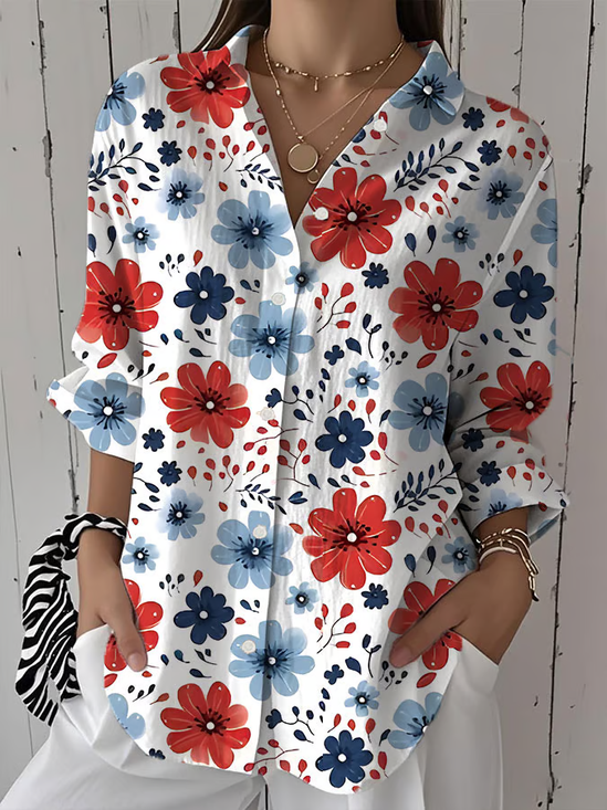 Women Floral Three Quarter Sleeve Shirt Spring/Fall Printing Shirt Collar Daily Casual Top