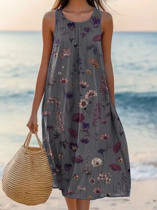 Women Floral Sleeveless Summer Dress Crew Neck Daily Casual Midi A-Line Dress