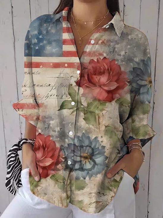 Women Floral Three Quarter Sleeve Shirt Spring/Fall Printing Shirt Collar Daily Casual Top