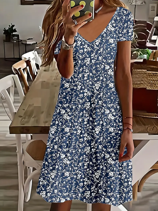 Women Floral Short Sleeve Summer Printing Dress V Neck Daily Casual Midi Fit & Flare Dress A-Line Dress
