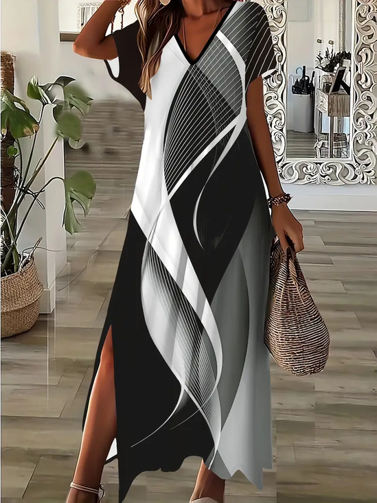 Women Abstract Short Sleeve Summer Printing Dress V Neck Daily Casual Maxi X-Line Dress