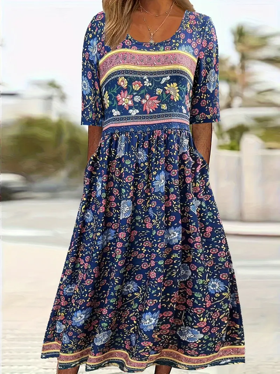 Women Floral Half Sleeve Summer Printing Dress Crew Neck Daily Casual Maxi A-Line Dress