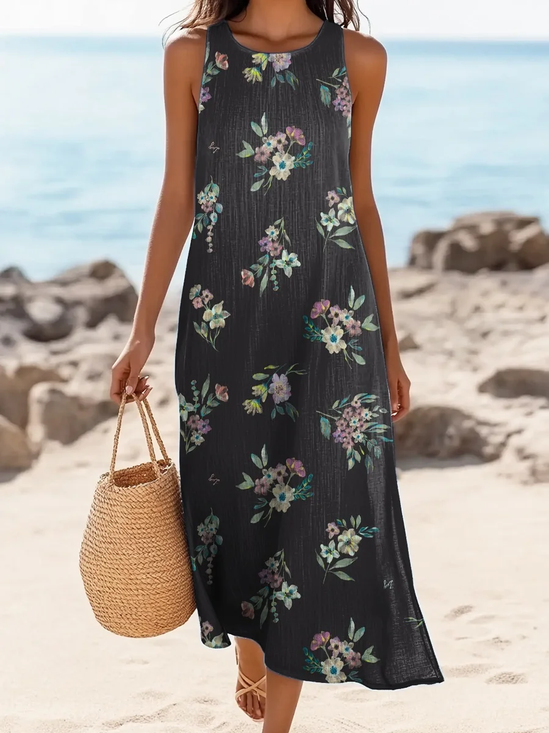 Women Floral Sleeveless Summer Printing Dress Crew Neck Daily Casual Maxi Tank H-Line Dress