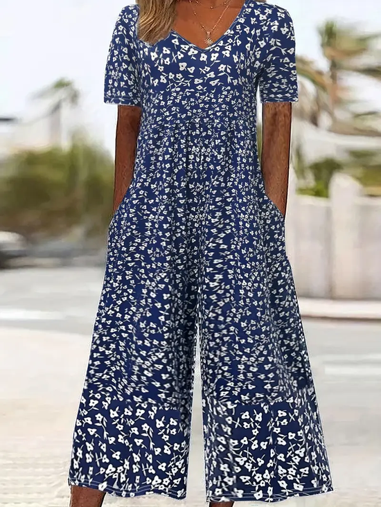 Women Floral V Neck Half Sleeve Casual Summer Jumpsuit