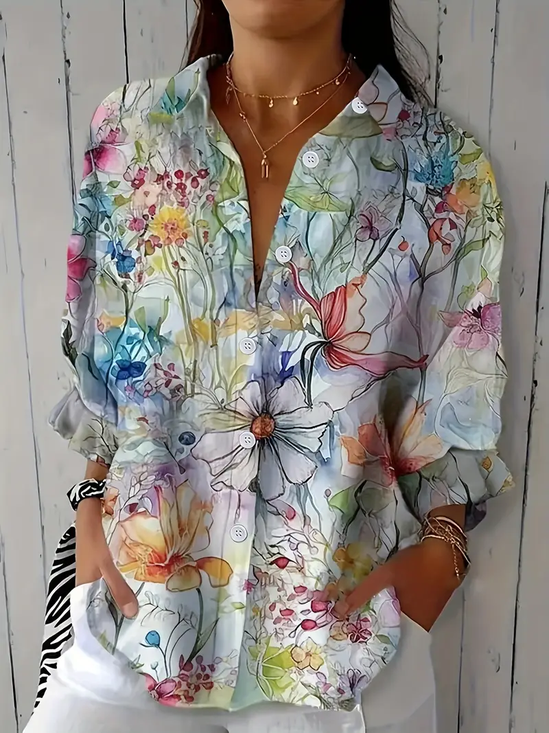 Women Floral Three Quarter Sleeve Shirt Spring/Fall Printing Shirt Collar Daily Casual Top