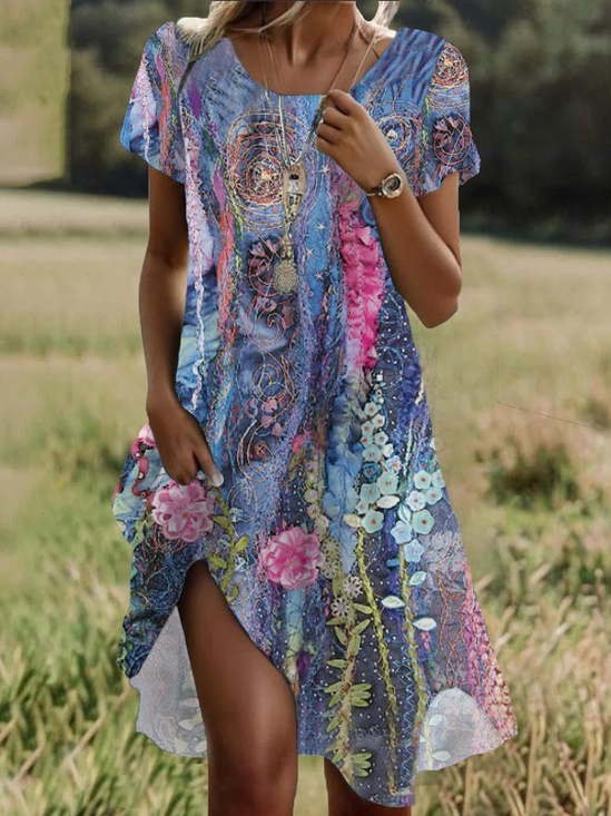 Women Floral Short Sleeve Summer Printing Dress Crew Neck Daily Casual Mini Tunic H-Line Dress
