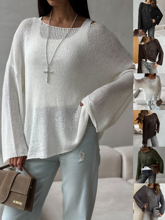 Women Plain Woven Spring/Fall Casual Long Sleeve Off The Shoulder Cotton Sweater