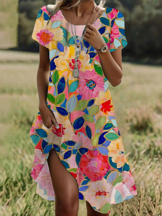 Women Floral Short Sleeve Summer Printing Dress Crew Neck Daily Casual Mini Tunic H-Line Dress