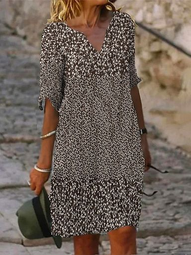 Women Floral Half Sleeve Summer Printing Dress V Neck Daily Casual Mini Shift Dress H-Line Dress