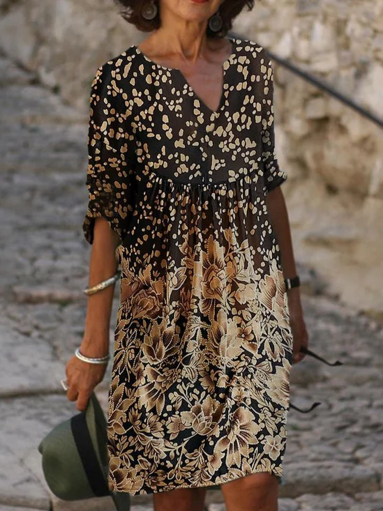Women Floral Half Sleeve Summer Printing Dress V Neck Daily Casual Mini Shift Dress H-Line Dress