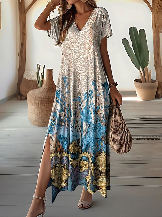 Women Floral Short Sleeve Summer Printing Dress V Neck Daily Casual Maxi X-Line Dress