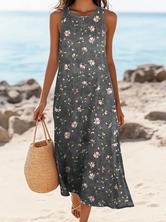 Women Floral Sleeveless Summer Printing Dress Crew Neck Daily Casual Maxi Tank H-Line Dress