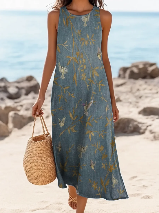 Women Floral Sleeveless Summer Printing Dress Crew Neck Daily Casual Maxi Tank H-Line Dress