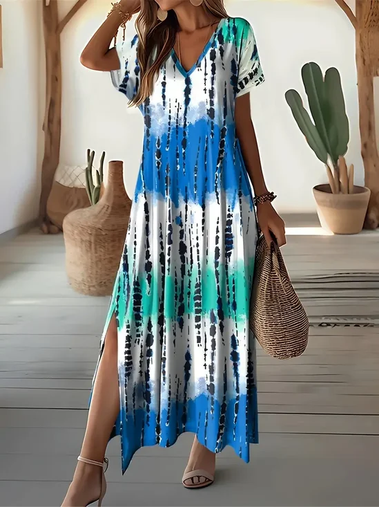 Women Abstract Short Sleeve Summer Printing Dress V Neck Daily Casual Maxi X-Line Dress