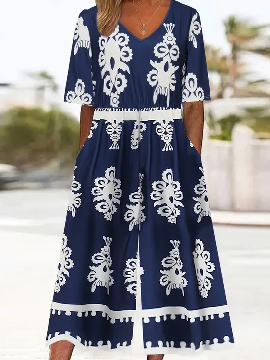 Women Floral V Neck Half Sleeve Casual Summer Jumpsuit
