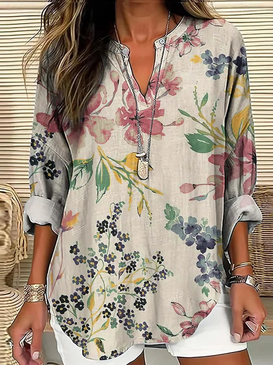 Women Floral Long Sleeve Blouse Spring/Fall Printing V Neck Daily Casual Top