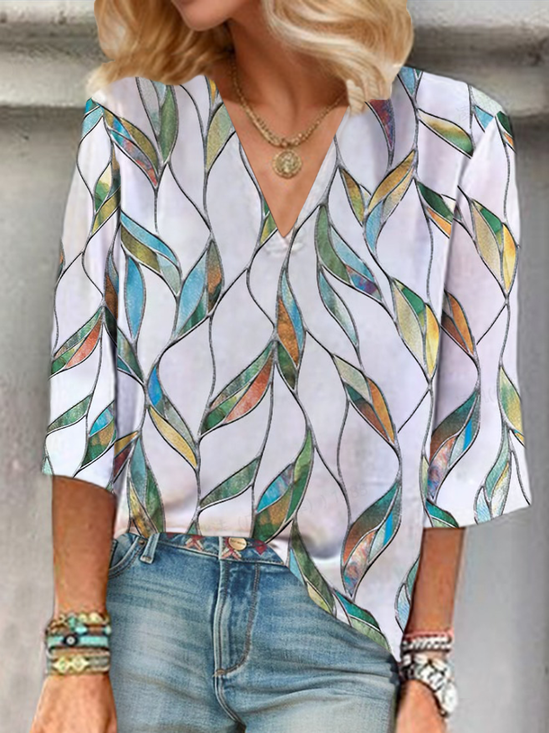 Women Floral Three Quarter Sleeve Blouse Spring/Fall Printing V Neck Daily Casual Top