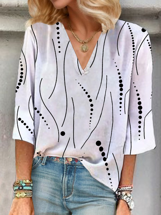 Women Polka Dots Three Quarter Sleeve Blouse Spring/Fall Printing V Neck Daily Casual Top