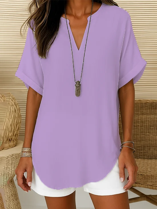Women Plain Short Sleeve Shirt Summer Printing V Neck Daily Casual Top
