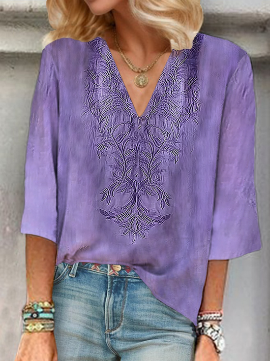 Women Floral Three Quarter Sleeve Blouse Spring/Fall Printing V Neck Daily Casual Top