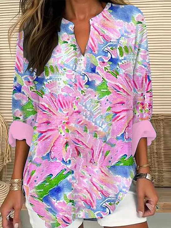 Women Floral Long Sleeve Blouse Spring/Fall Printing V Neck Daily Casual Top