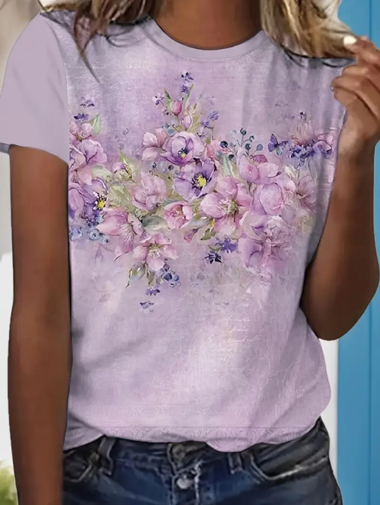 Women Floral Short Sleeve Tee T-shirt Crew Neck Printing Casual Summer Graphic Tee Top