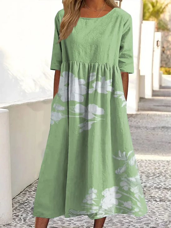 Women Floral Half Sleeve Summer Printing Dress Crew Neck Daily Casual Maxi A-Line Dress