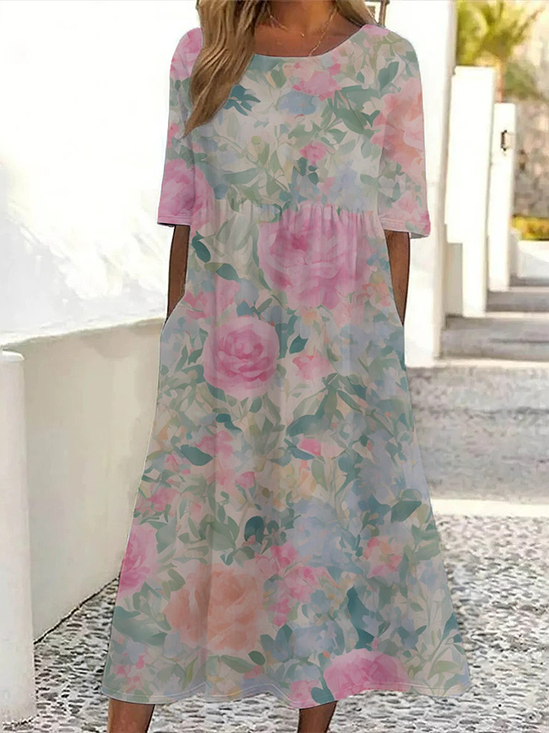 Women Floral Half Sleeve Summer Printing Dress Crew Neck Daily Casual Maxi A-Line Dress