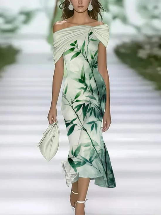 Women Floral Cap Sleeve Summer Printing Dress Cold Shoulder Daily Vintage Maxi H-Line Dress