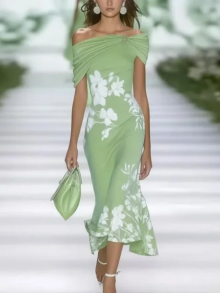 Women Floral Cap Sleeve Summer Printing Dress Cold Shoulder Daily Vintage Maxi H-Line Dress