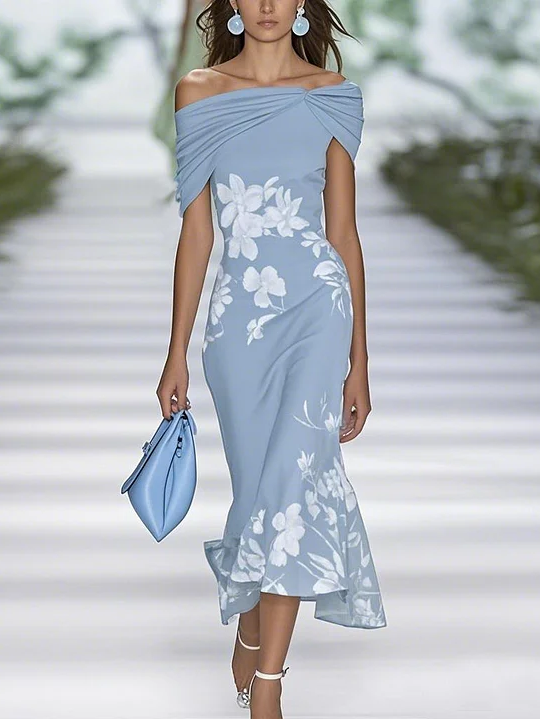 Women Floral Cap Sleeve Summer Printing Dress Cold Shoulder Daily Vintage Maxi H-Line Dress