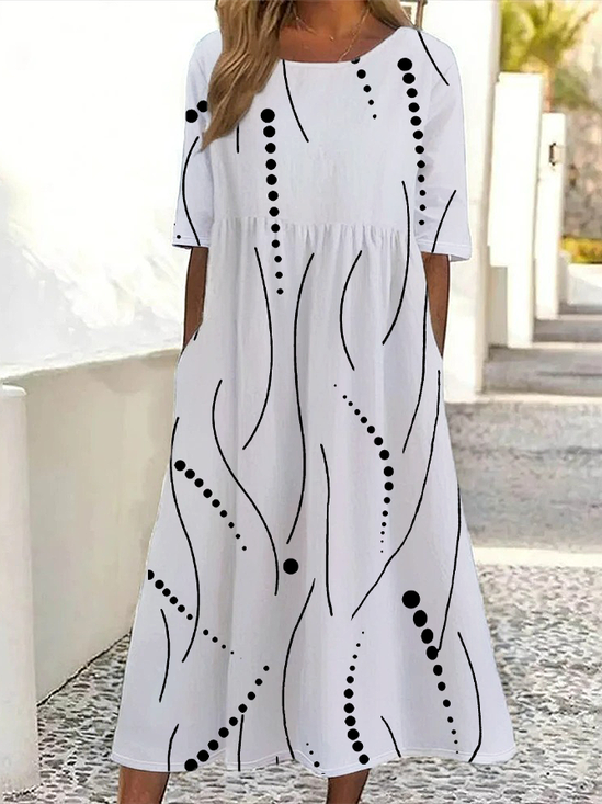 Women Polka Dots Half Sleeve Summer Printing Dress Crew Neck Daily Casual Maxi A-Line Dress