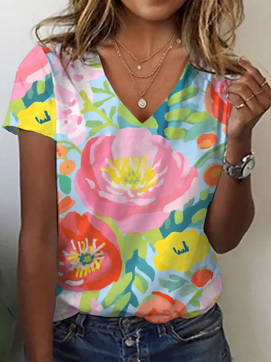 Women Floral Short Sleeve Tee T-shirt V Neck Printing Casual Summer Graphic Tee Top