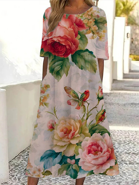 Women Floral Half Sleeve Summer Printing Dress Crew Neck Daily Casual Maxi A-Line Dress