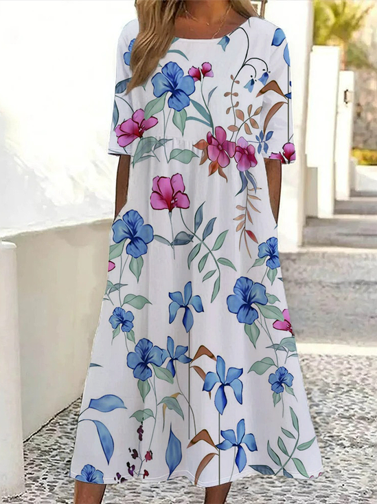 Women Floral Half Sleeve Summer Printing Dress Crew Neck Daily Casual Maxi A-Line Dress