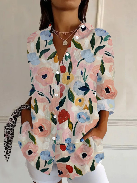 Women Floral Long Sleeve Shirt Spring/Fall Buckle Shirt Collar Daily Casual Top