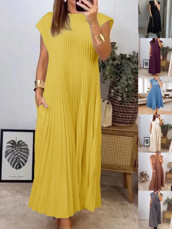 Women Plain Short Sleeve Summer Gathered Dress Crew Neck Daily Vintage Maxi T-Shirt Dress A-Line Dress