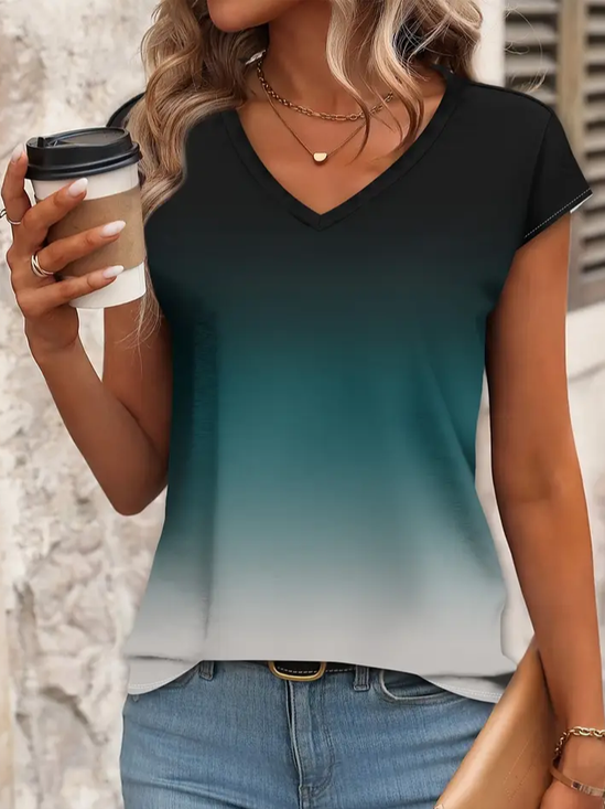 Women Ombre Short Sleeve Tee T-shirt V Neck Printing Casual Summer Graphic Tee Top